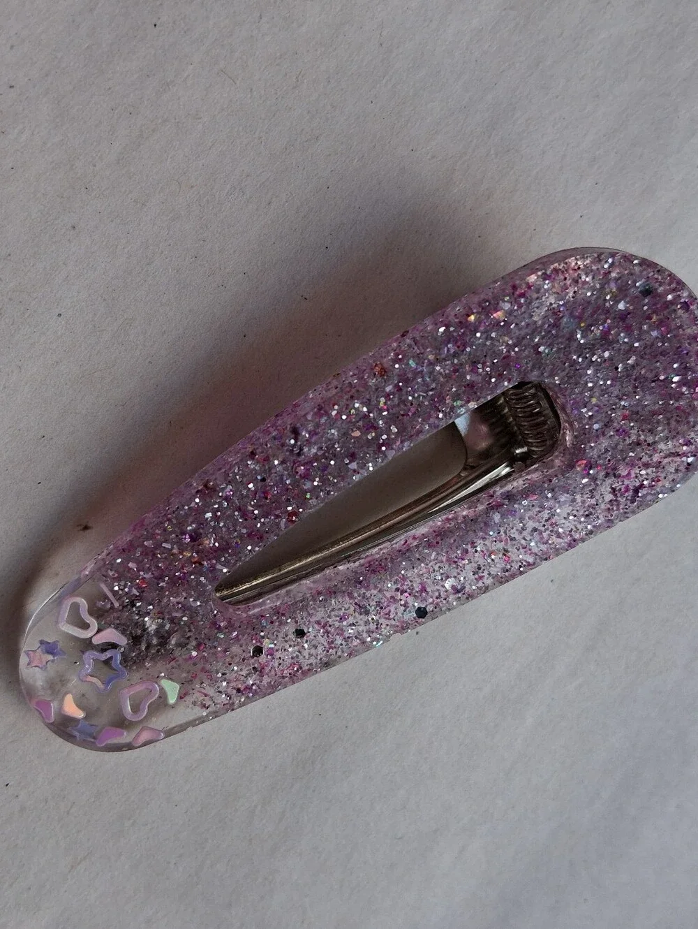 5/$25 Hand Crafted Pink Glitter Resin Hair Clip with Heart Accents